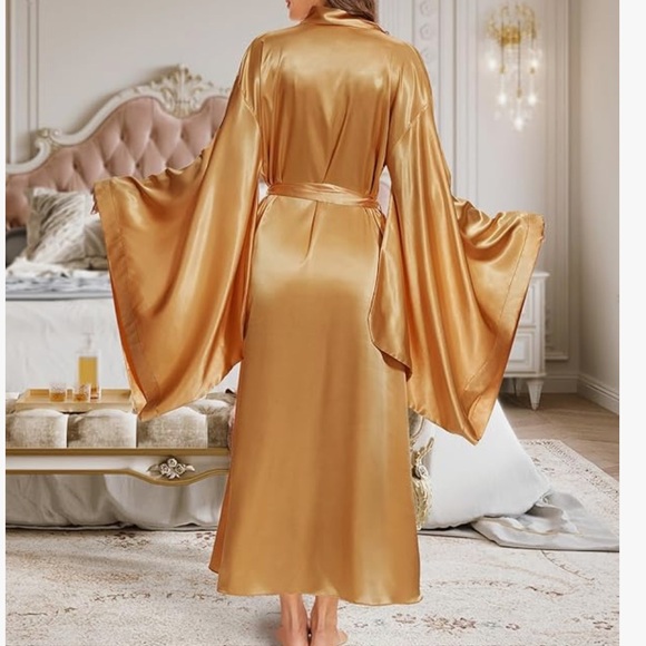 Gold satin festival dress cover up boho bohemian robe kimono kaftan pool pinup - Picture 3 of 5